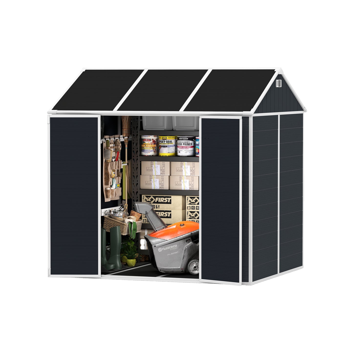 8*7ft Outdoor Storage Shed, Outdoor Resin Shed with Two-Window and Double-Door, Plastic Shed with Floor for Garden, Patio, Yard, Lawn (Dark Gray)