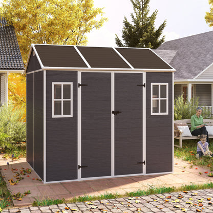 8*7ft Outdoor Storage Shed, Outdoor Resin Shed with Two-Window and Double-Door, Plastic Shed with Floor for Garden, Patio, Yard, Lawn (Dark Gray)
