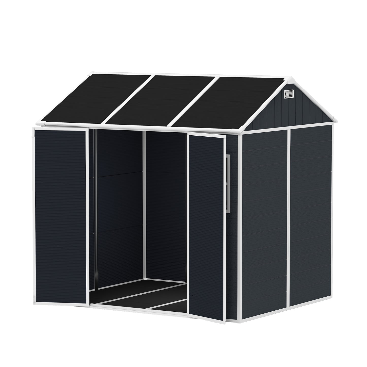 8*7ft Outdoor Storage Shed, Outdoor Resin Shed with Two-Window and Double-Door, Plastic Shed with Floor for Garden, Patio, Yard, Lawn (Dark Gray)