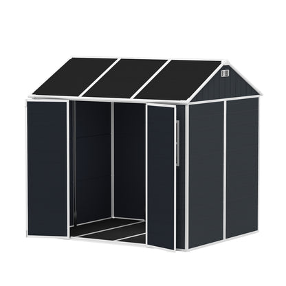 8*7ft Outdoor Storage Shed, Outdoor Resin Shed with Two-Window and Double-Door, Plastic Shed with Floor for Garden, Patio, Yard, Lawn (Dark Gray)