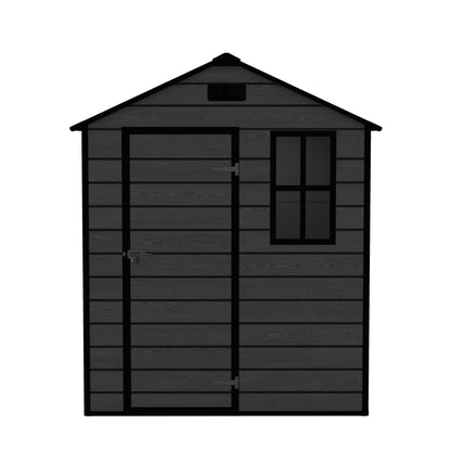 6*6ft resin storage shed, high quality pp material, strong structure, waterproof, rust and UV proof, large storage space, 12mm thick pp board, HD window lighting Black wood grain color