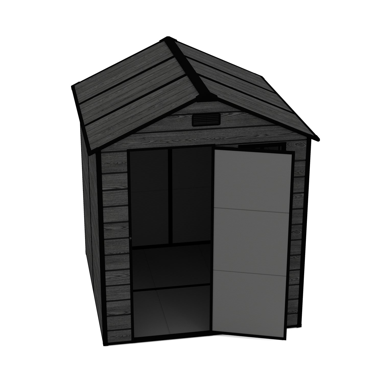6*6ft resin storage shed, high quality pp material, strong structure, waterproof, rust and UV proof, large storage space, 12mm thick pp board, HD window lighting Black wood grain color