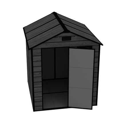 6*6ft resin storage shed, high quality pp material, strong structure, waterproof, rust and UV proof, large storage space, 12mm thick pp board, HD window lighting Black wood grain color