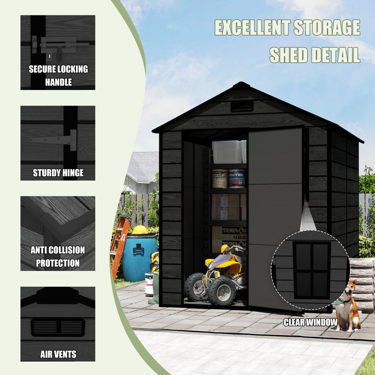 6*6ft resin storage shed, high quality pp material, strong structure, waterproof, rust and UV proof, large storage space, 12mm thick pp board, HD window lighting Black wood grain color