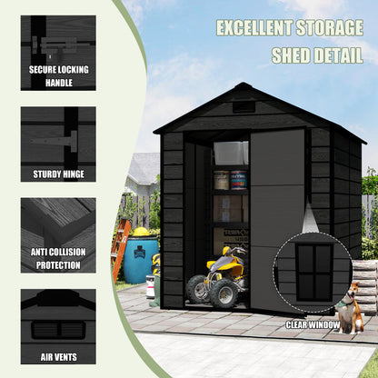 6*6ft resin storage shed, high quality pp material, strong structure, waterproof, rust and UV proof, large storage space, 12mm thick pp board, HD window lighting Black wood grain color