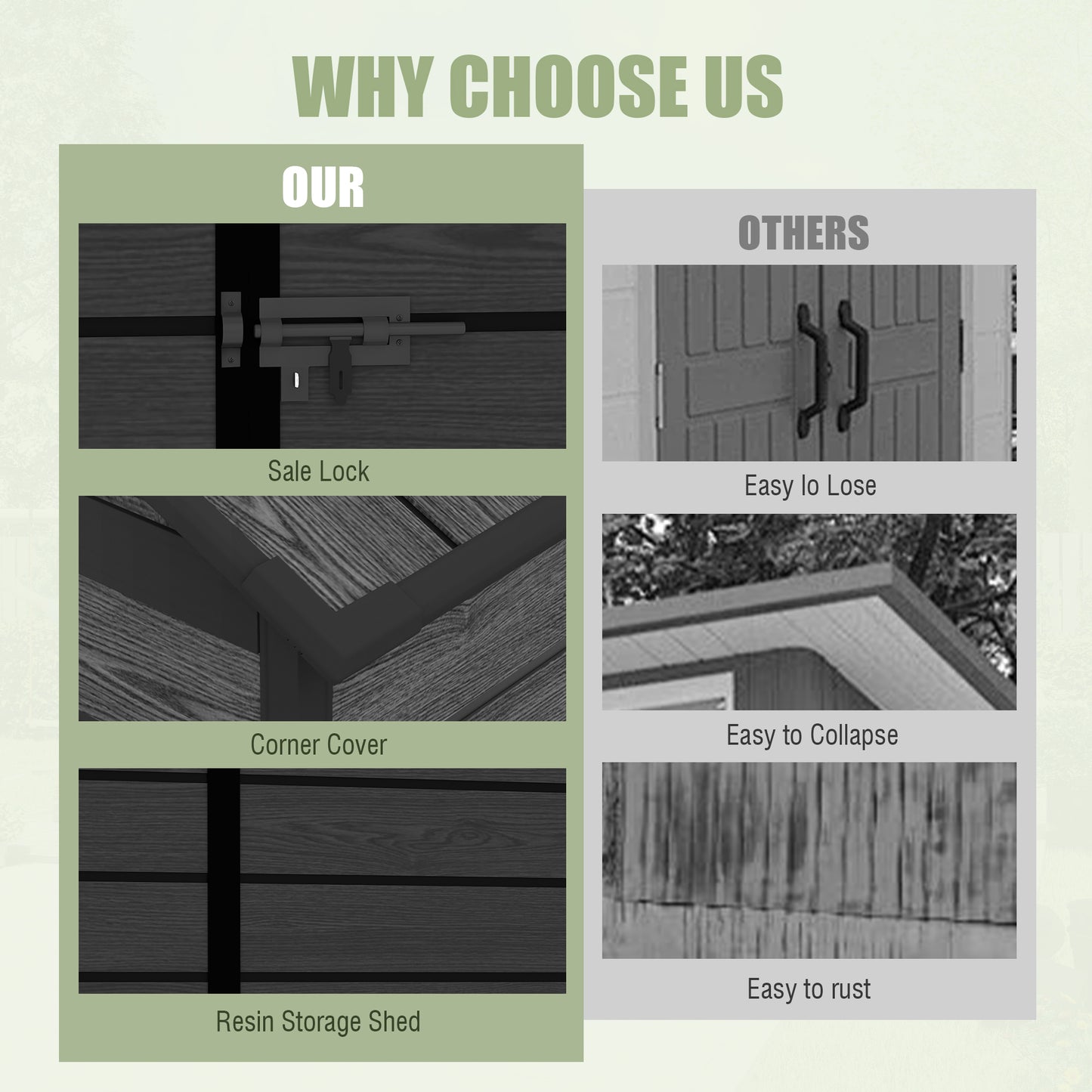 6*6ft resin storage shed, high quality pp material, strong structure, waterproof, rust and UV proof, large storage space, 12mm thick pp board, HD window lighting Black wood grain color