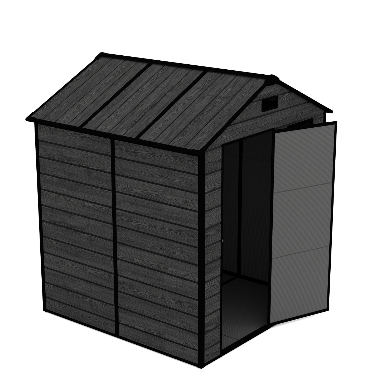 6*6ft resin storage shed, high quality pp material, strong structure, waterproof, rust and UV proof, large storage space, 12mm thick pp board, HD window lighting Black wood grain color