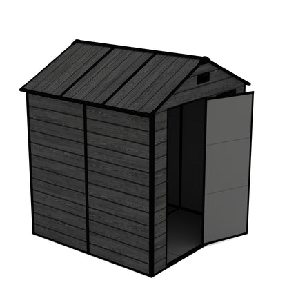 6*6ft resin storage shed, high quality pp material, strong structure, waterproof, rust and UV proof, large storage space, 12mm thick pp board, HD window lighting Black wood grain color