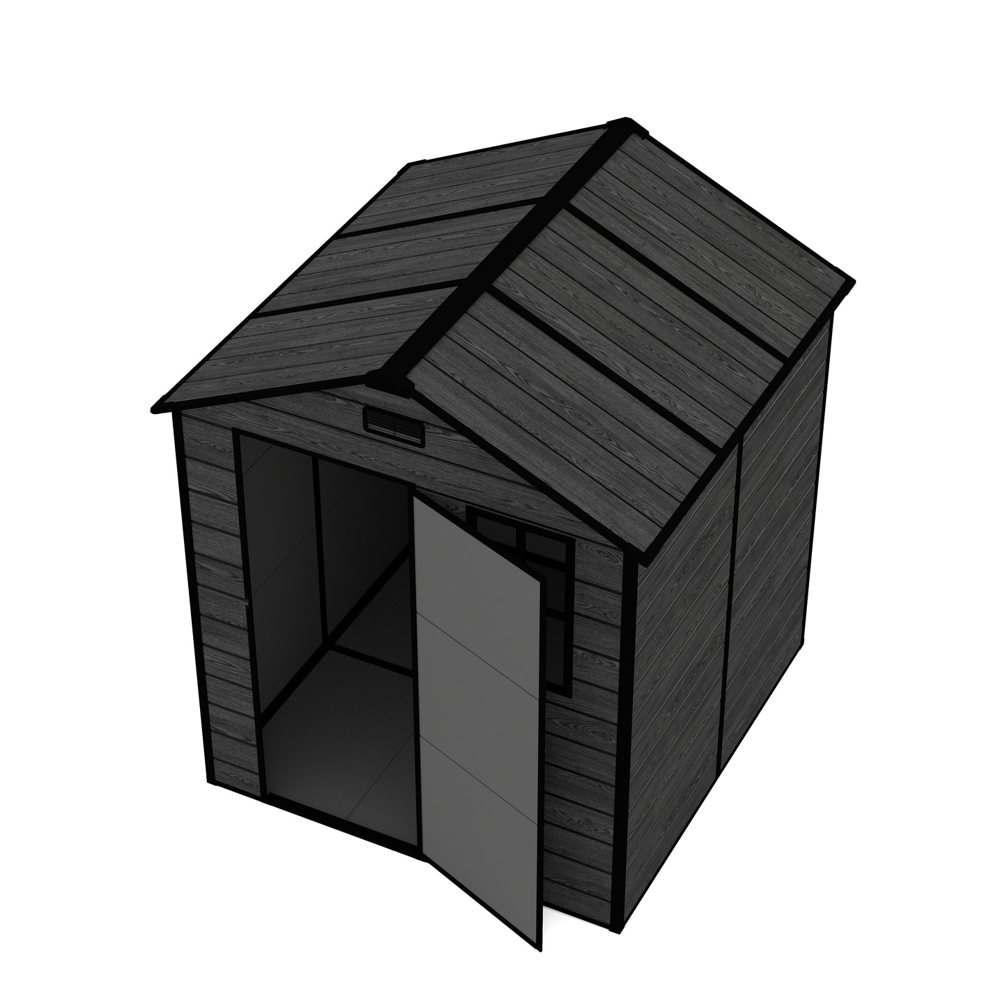 6*6ft resin storage shed, high quality pp material, strong structure, waterproof, rust and UV proof, large storage space, 12mm thick pp board, HD window lighting Black wood grain color