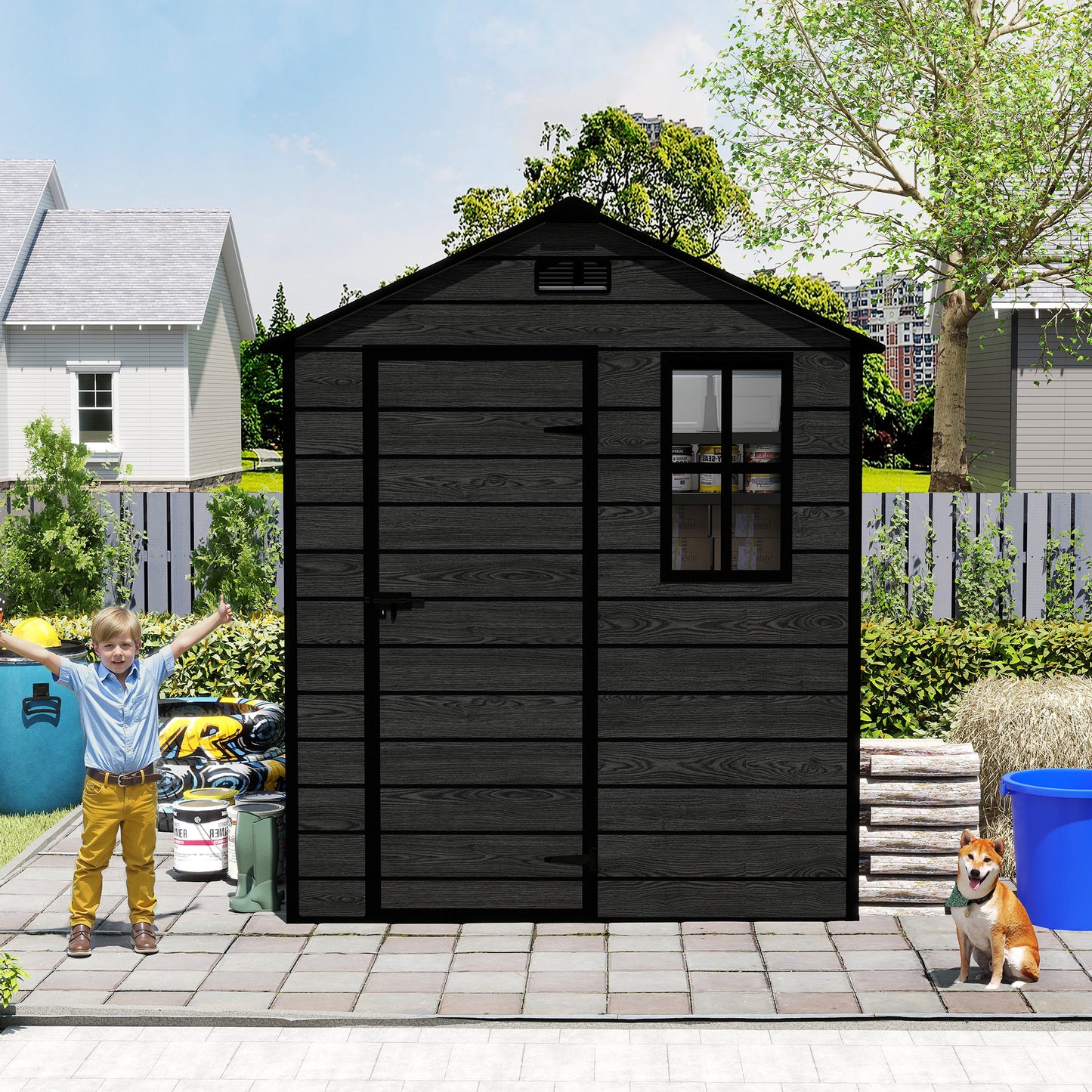 6*6ft resin storage shed, high quality pp material, strong structure, waterproof, rust and UV proof, large storage space, 12mm thick pp board, HD window lighting Black wood grain color
