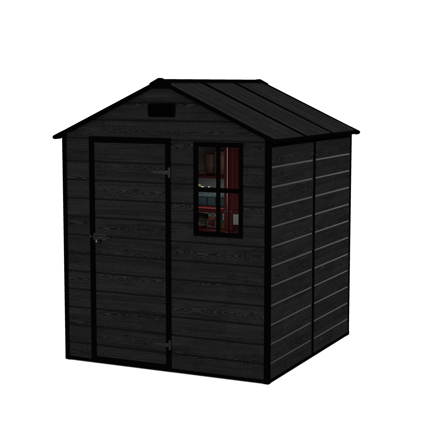 6*6ft resin storage shed, high quality pp material, strong structure, waterproof, rust and UV proof, large storage space, 12mm thick pp board, HD window lighting Black wood grain color