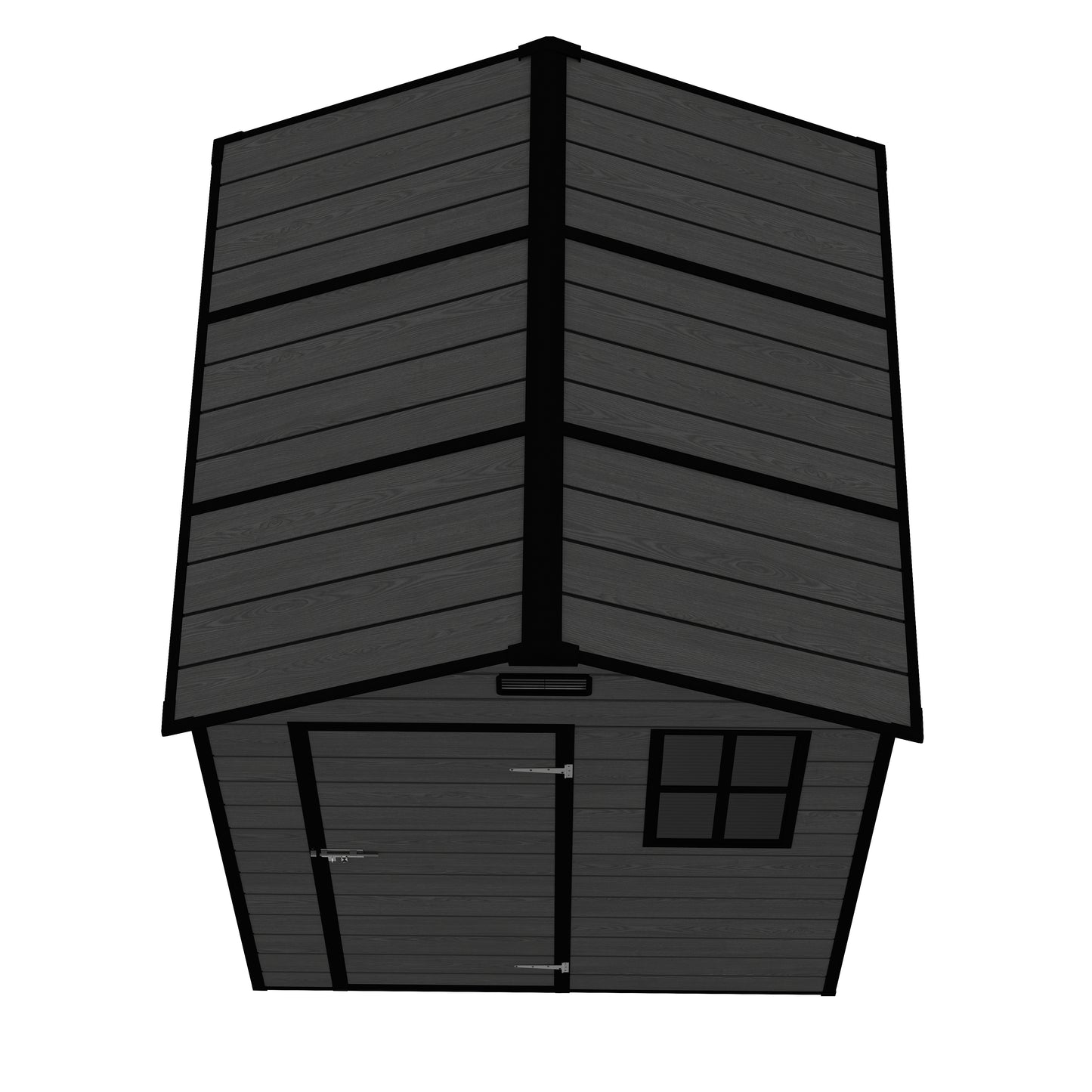 6*6ft resin storage shed, high quality pp material, strong structure, waterproof, rust and UV proof, large storage space, 12mm thick pp board, HD window lighting Black wood grain color