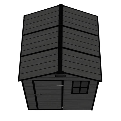 6*6ft resin storage shed, high quality pp material, strong structure, waterproof, rust and UV proof, large storage space, 12mm thick pp board, HD window lighting Black wood grain color