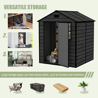 6*6ft resin storage shed, high quality pp material, strong structure, waterproof, rust and UV proof, large storage space, 12mm thick pp board, HD window lighting Black wood grain color