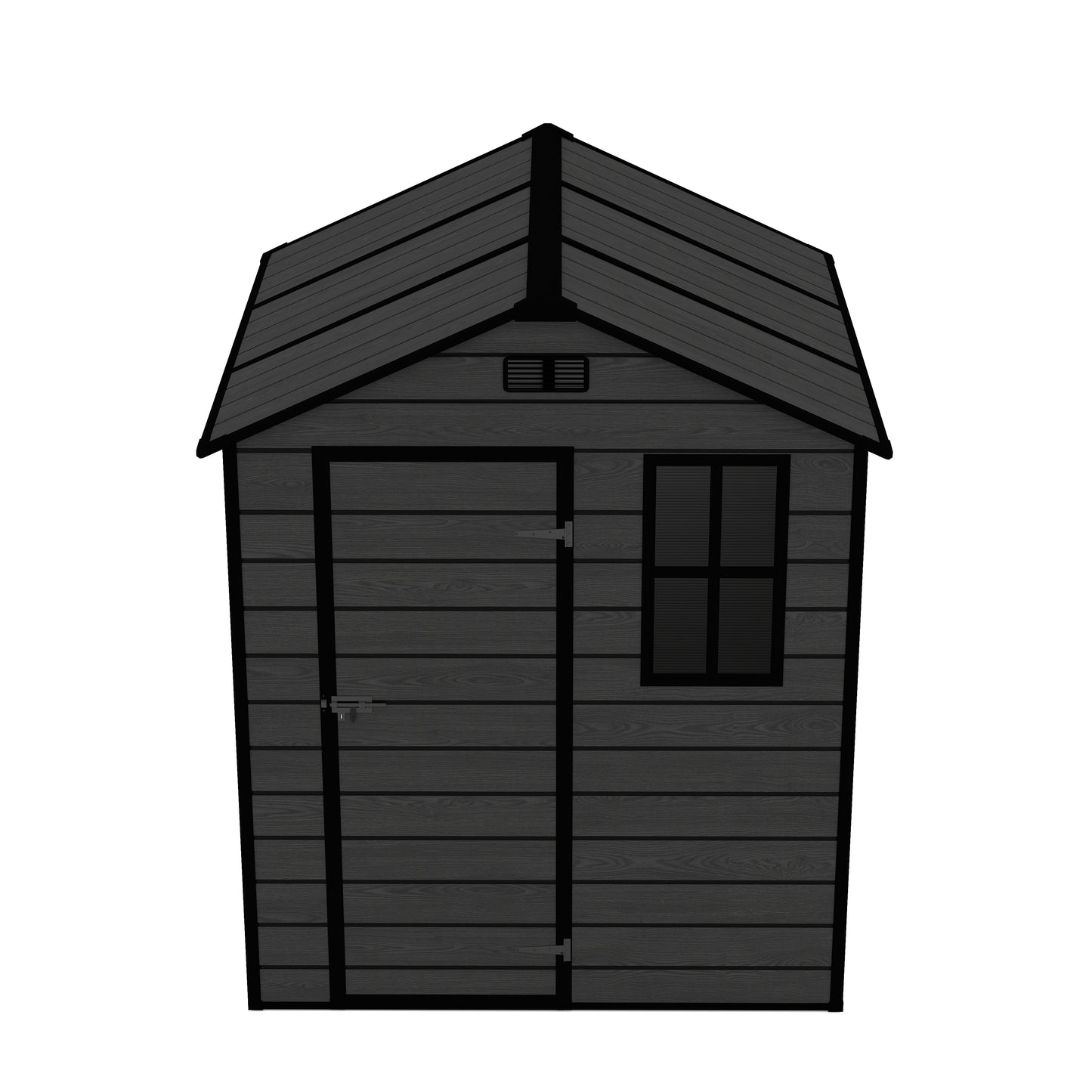 6*6ft resin storage shed, high quality pp material, strong structure, waterproof, rust and UV proof, large storage space, 12mm thick pp board, HD window lighting Black wood grain color