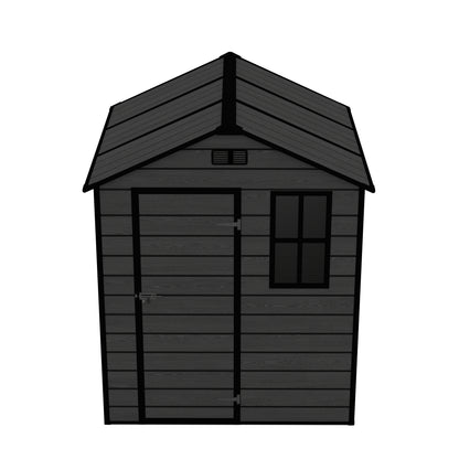 6*6ft resin storage shed, high quality pp material, strong structure, waterproof, rust and UV proof, large storage space, 12mm thick pp board, HD window lighting Black wood grain color