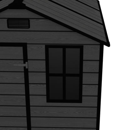 6*6ft resin storage shed, high quality pp material, strong structure, waterproof, rust and UV proof, large storage space, 12mm thick pp board, HD window lighting Black wood grain color