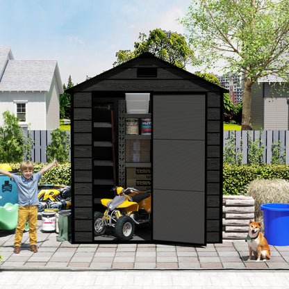 6*6ft resin storage shed, high quality pp material, strong structure, waterproof, rust and UV proof, large storage space, 12mm thick pp board, HD window lighting Black wood grain color