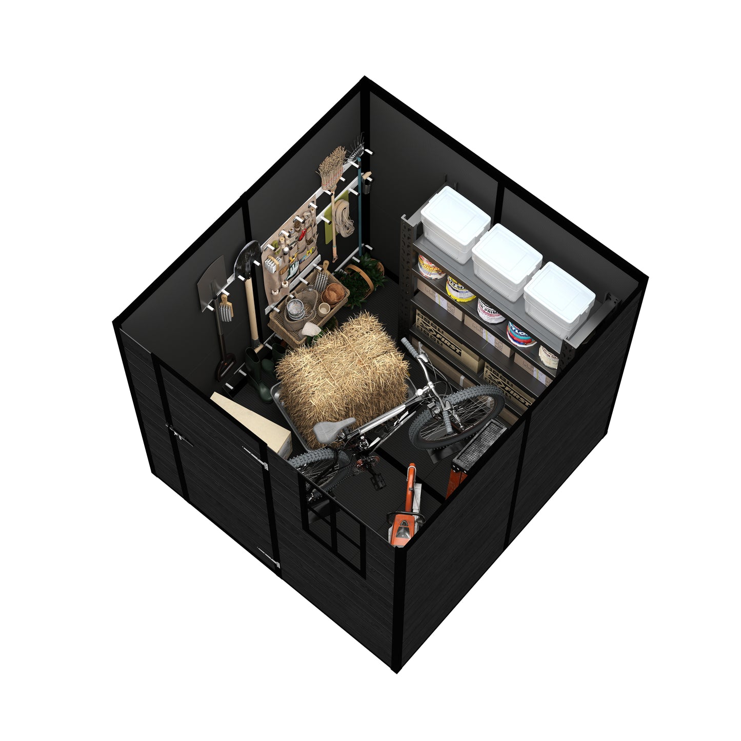 6*6ft resin storage shed, high quality pp material, strong structure, waterproof, rust and UV proof, large storage space, 12mm thick pp board, HD window lighting Black wood grain color