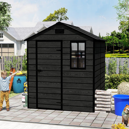 6*6ft resin storage shed, high quality pp material, strong structure, waterproof, rust and UV proof, large storage space, 12mm thick pp board, HD window lighting Black wood grain color