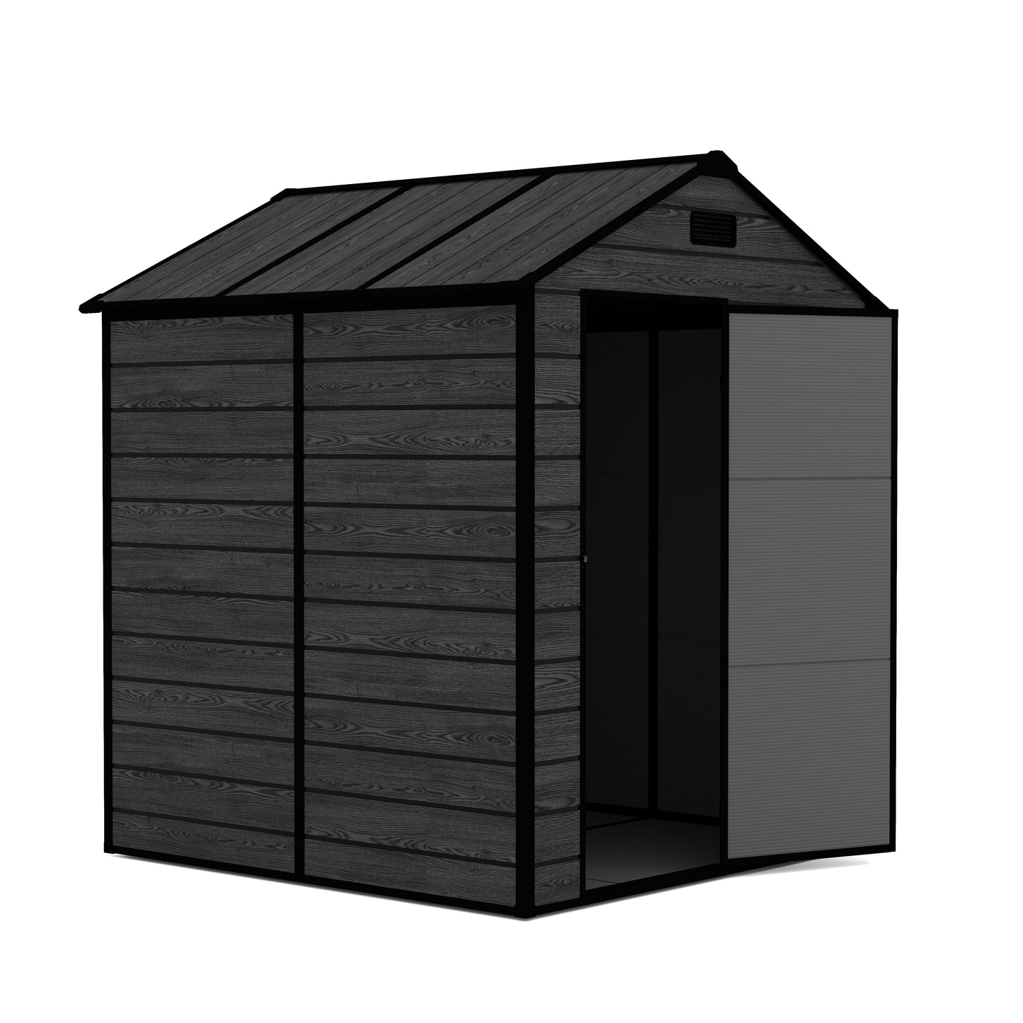 6*6ft resin storage shed, high quality pp material, strong structure, waterproof, rust and UV proof, large storage space, 12mm thick pp board, HD window lighting Black wood grain color