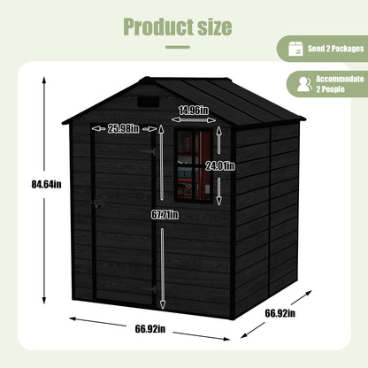 6*6ft resin storage shed, high quality pp material, strong structure, waterproof, rust and UV proof, large storage space, 12mm thick pp board, HD window lighting Black wood grain color