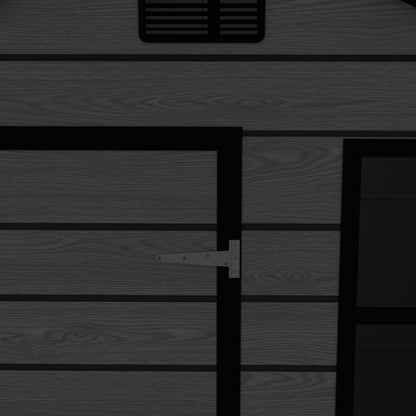 6*6ft resin storage shed, high quality pp material, strong structure, waterproof, rust and UV proof, large storage space, 12mm thick pp board, HD window lighting Black wood grain color