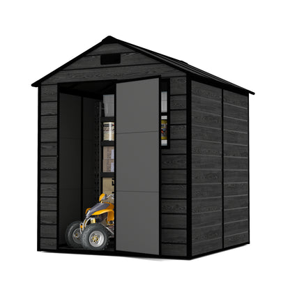 6*6ft resin storage shed, high quality pp material, strong structure, waterproof, rust and UV proof, large storage space, 12mm thick pp board, HD window lighting Black wood grain color