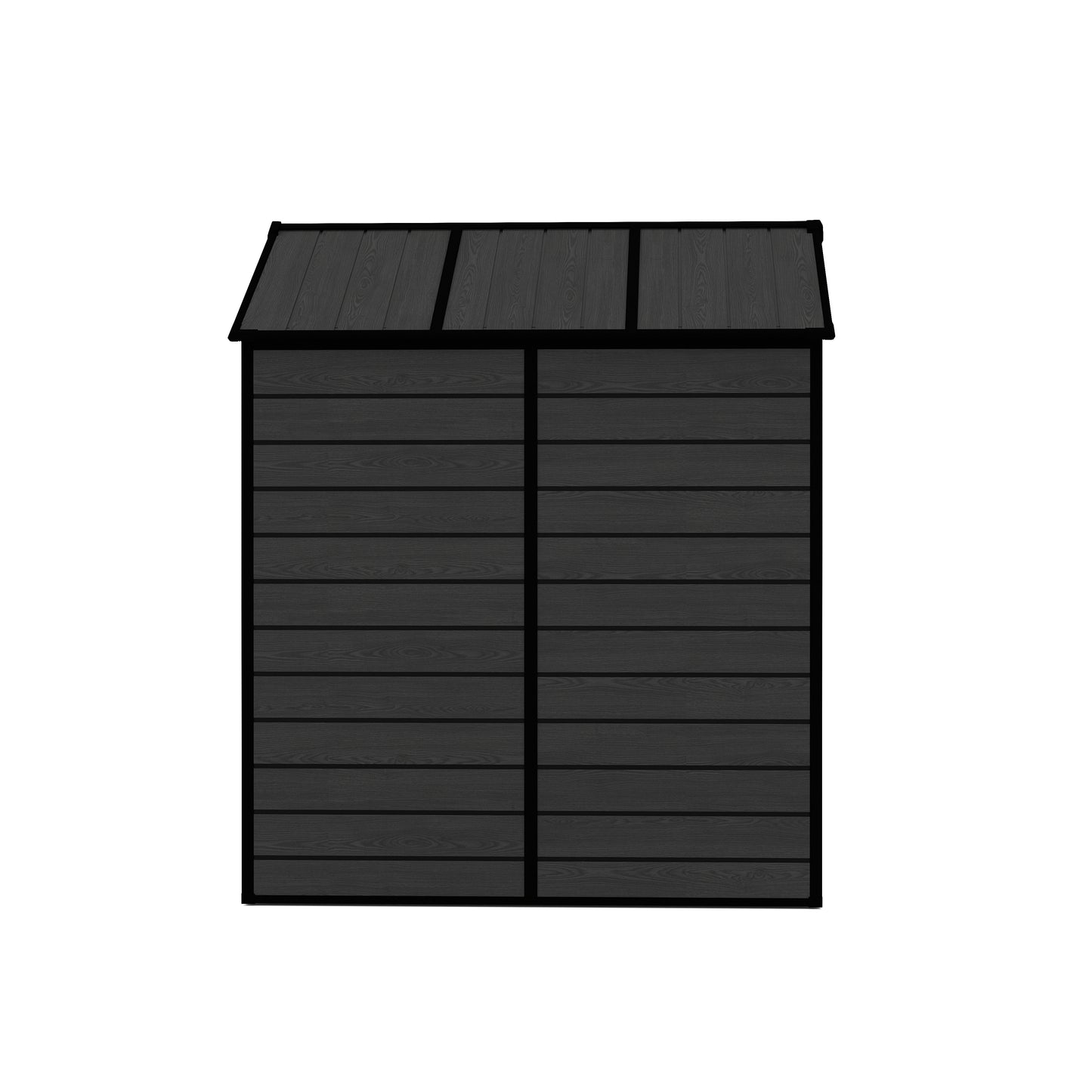 6*6ft resin storage shed, high quality pp material, strong structure, waterproof, rust and UV proof, large storage space, 12mm thick pp board, HD window lighting Black wood grain color