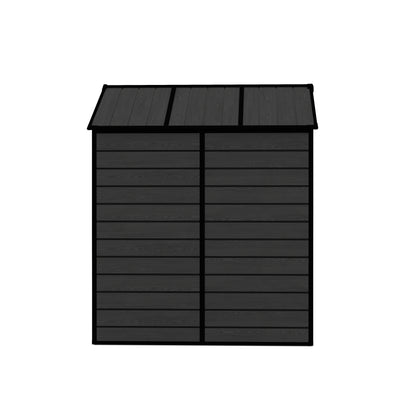 6*6ft resin storage shed, high quality pp material, strong structure, waterproof, rust and UV proof, large storage space, 12mm thick pp board, HD window lighting Black wood grain color