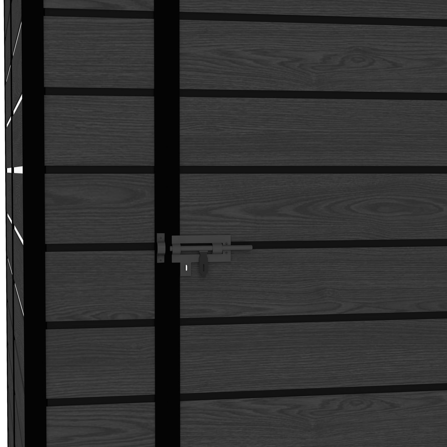 6*6ft resin storage shed, high quality pp material, strong structure, waterproof, rust and UV proof, large storage space, 12mm thick pp board, HD window lighting Black wood grain color