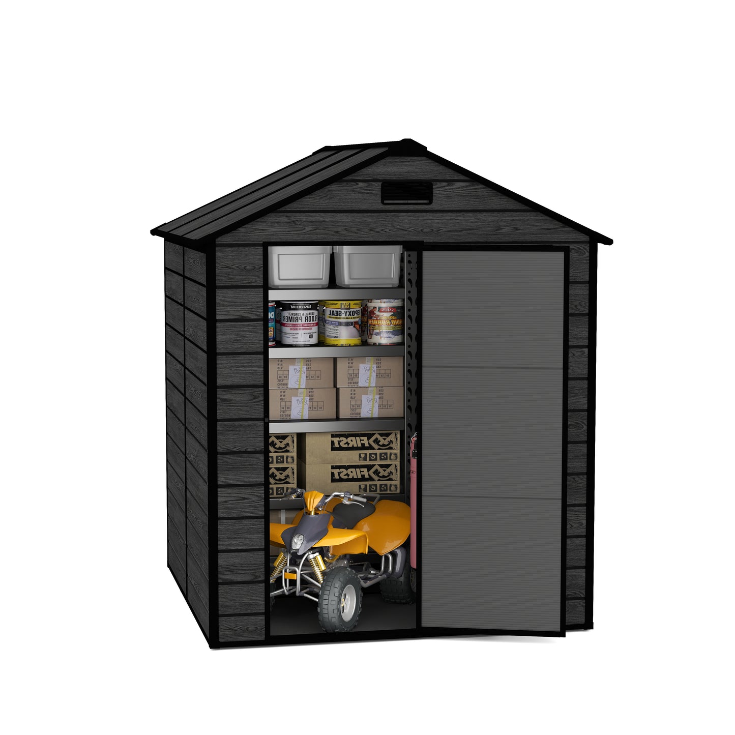6*6ft resin storage shed, high quality pp material, strong structure, waterproof, rust and UV proof, large storage space, 12mm thick pp board, HD window lighting Black wood grain color