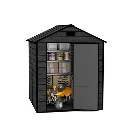 6*6ft resin storage shed, high quality pp material, strong structure, waterproof, rust and UV proof, large storage space, 12mm thick pp board, HD window lighting Black wood grain color