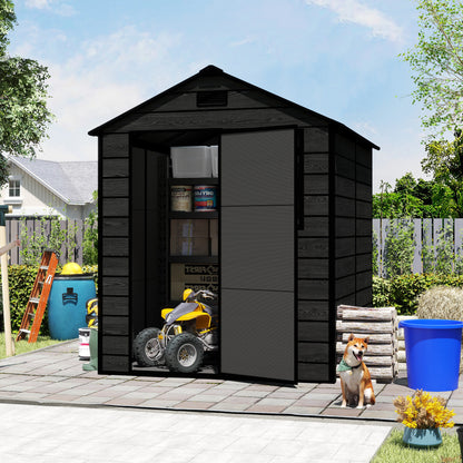 6*6ft resin storage shed, high quality pp material, strong structure, waterproof, rust and UV proof, large storage space, 12mm thick pp board, HD window lighting Black wood grain color