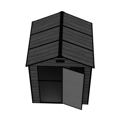 6*6ft resin storage shed, high quality pp material, strong structure, waterproof, rust and UV proof, large storage space, 12mm thick pp board, HD window lighting Black wood grain color
