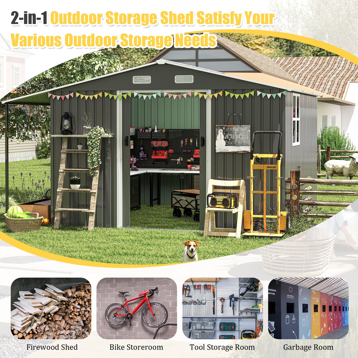 10x12 Ft Outdoor Storage Shed, Extra Large Metal Shed with Lockable Doors, Windows, Outside Steel Tiny House Ideal for Garden, Backyard, Patio Utility, Tool Storage, Chicken Coops