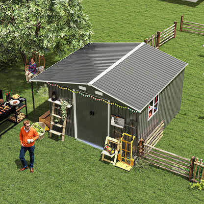 10x12 Ft Outdoor Storage Shed, Extra Large Metal Shed with Lockable Doors, Windows, Outside Steel Tiny House Ideal for Garden, Backyard, Patio Utility, Tool Storage, Chicken Coops