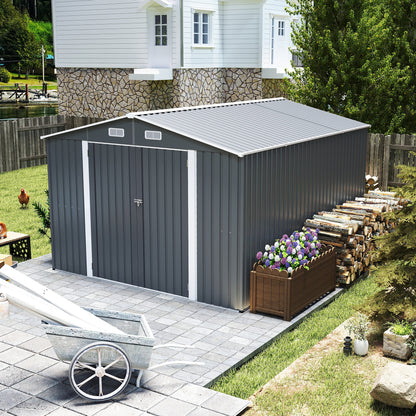 Campcraft Outdoor Storage Shed 9×11 FT with 3 Lockable Doors,Utility Tool Shed Metal Storage Garden Sheds 4 Vents,Metal Sheds with Galvanized Steel Frame,for Backyard,Patio,Lawn,Grey