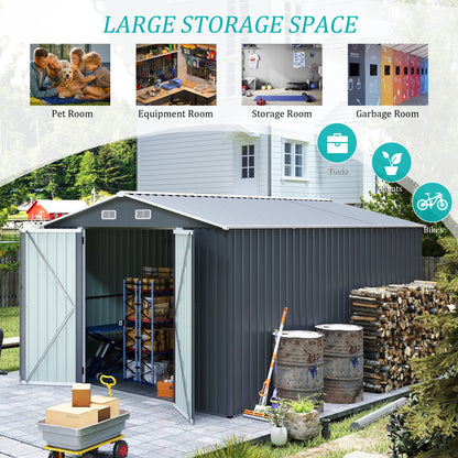 Campcraft Outdoor Storage Shed 9×11 FT with 3 Lockable Doors,Utility Tool Shed Metal Storage Garden Sheds 4 Vents,Metal Sheds with Galvanized Steel Frame,for Backyard,Patio,Lawn,Grey