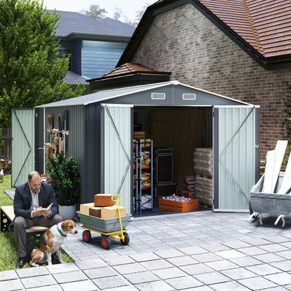 Campcraft Outdoor Storage Shed 9×11 FT with 3 Lockable Doors,Utility Tool Shed Metal Storage Garden Sheds 4 Vents,Metal Sheds with Galvanized Steel Frame,for Backyard,Patio,Lawn,Grey