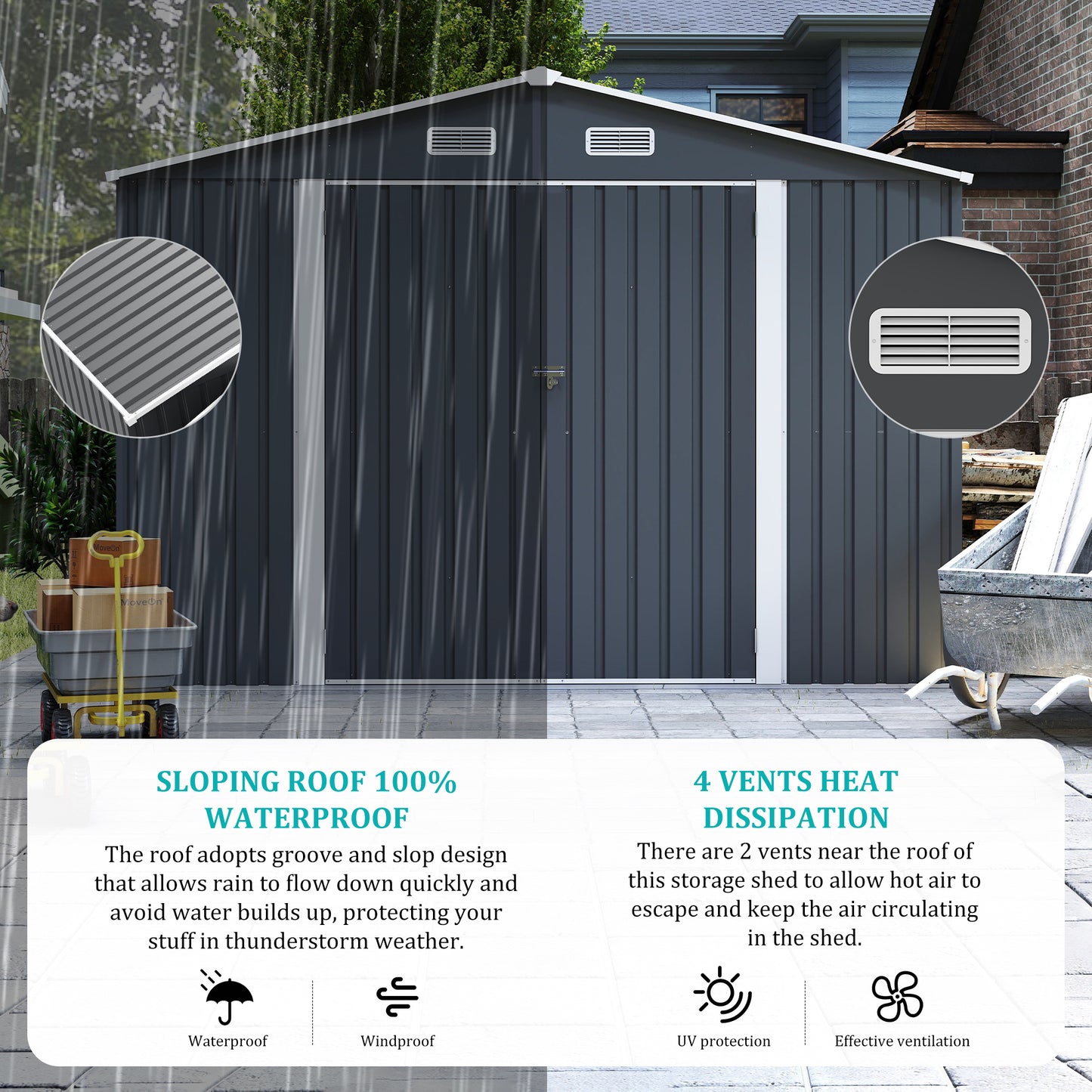 Campcraft Outdoor Storage Shed 9×11 FT with 3 Lockable Doors,Utility Tool Shed Metal Storage Garden Sheds 4 Vents,Metal Sheds with Galvanized Steel Frame,for Backyard,Patio,Lawn,Grey