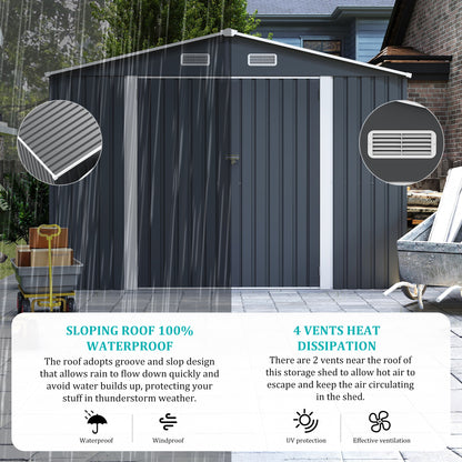 Campcraft Outdoor Storage Shed 9×11 FT with 3 Lockable Doors,Utility Tool Shed Metal Storage Garden Sheds 4 Vents,Metal Sheds with Galvanized Steel Frame,for Backyard,Patio,Lawn,Grey