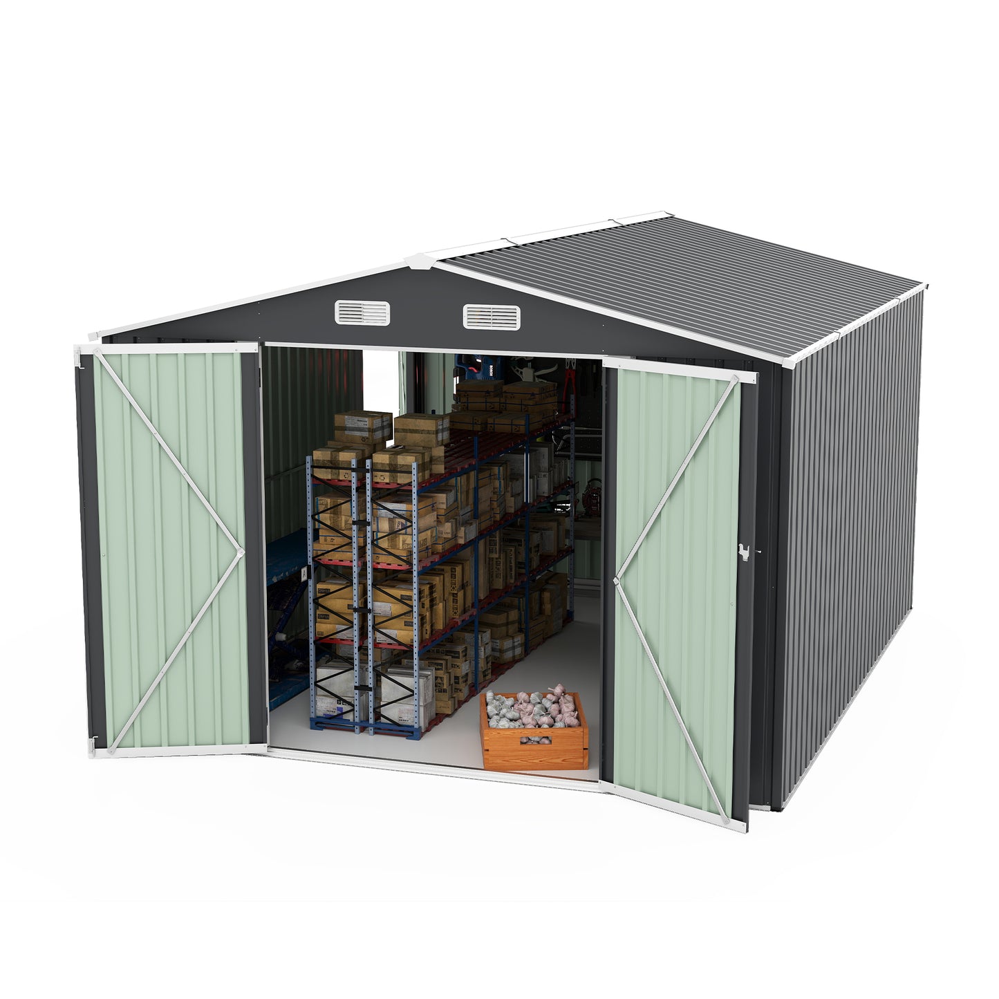 Campcraft Outdoor Storage Shed 9×11 FT with 3 Lockable Doors,Utility Tool Shed Metal Storage Garden Sheds 4 Vents,Metal Sheds with Galvanized Steel Frame,for Backyard,Patio,Lawn,Grey