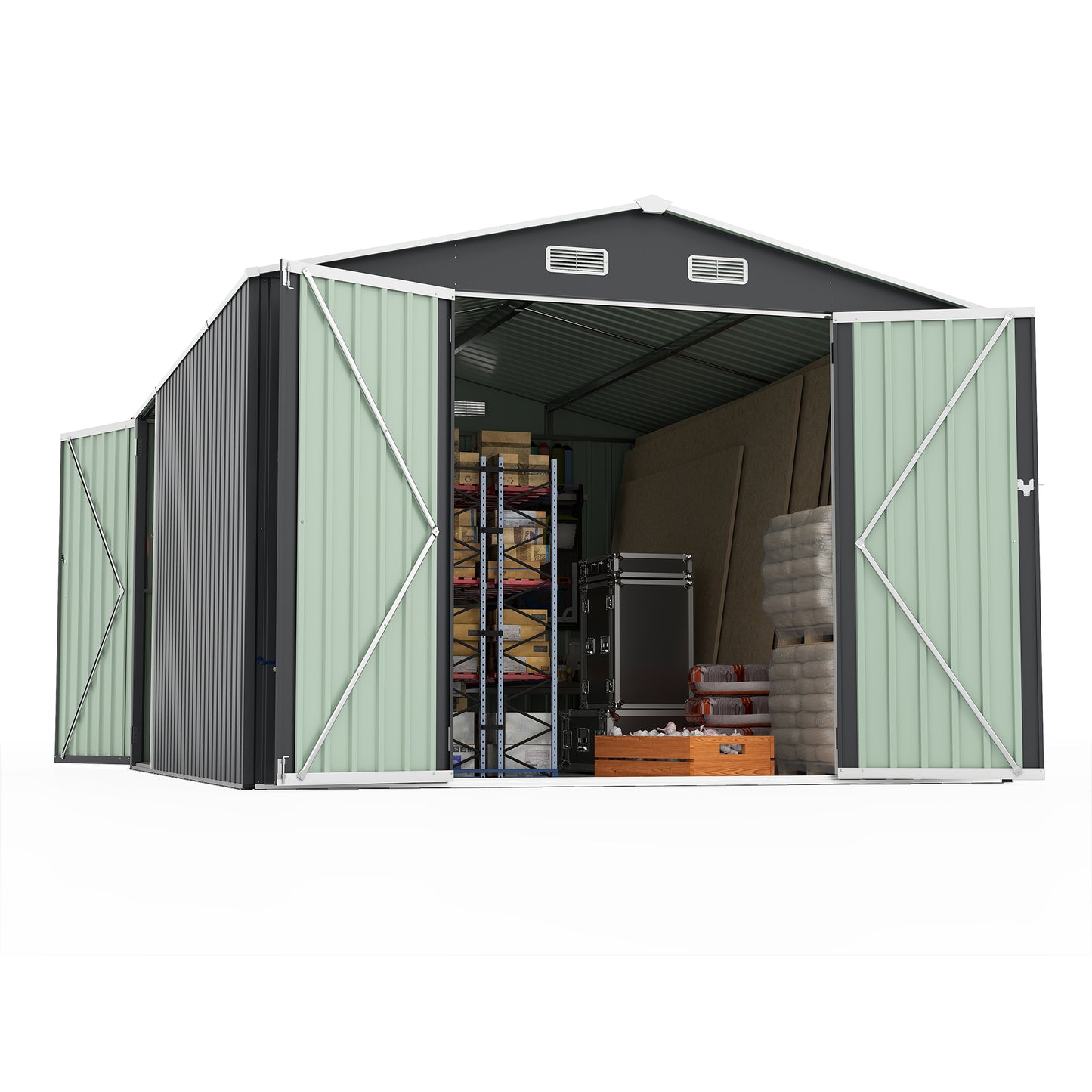 Campcraft Outdoor Storage Shed 9×11 FT with 3 Lockable Doors,Utility Tool Shed Metal Storage Garden Sheds 4 Vents,Metal Sheds with Galvanized Steel Frame,for Backyard,Patio,Lawn,Grey