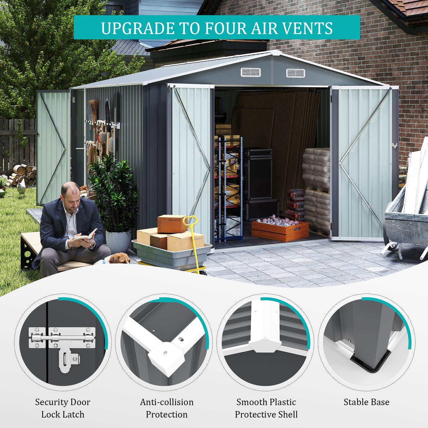 Campcraft Outdoor Storage Shed 9×11 FT with 3 Lockable Doors,Utility Tool Shed Metal Storage Garden Sheds 4 Vents,Metal Sheds with Galvanized Steel Frame,for Backyard,Patio,Lawn,Grey