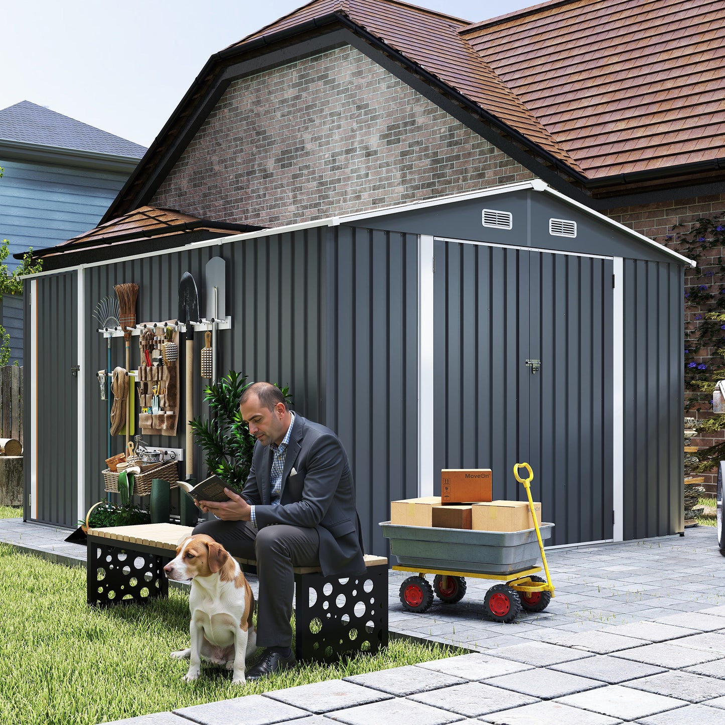 Campcraft Outdoor Storage Shed 9×11 FT with 3 Lockable Doors,Utility Tool Shed Metal Storage Garden Sheds 4 Vents,Metal Sheds with Galvanized Steel Frame,for Backyard,Patio,Lawn,Grey