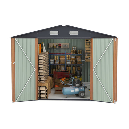 Campcraft Outdoor Storage Shed 9×11 FT with 3 Lockable Doors,Utility Tool Shed Metal Storage Garden Sheds 4 Vents,Metal Sheds with Galvanized Steel Frame,for Backyard,Patio,Lawn,yellow