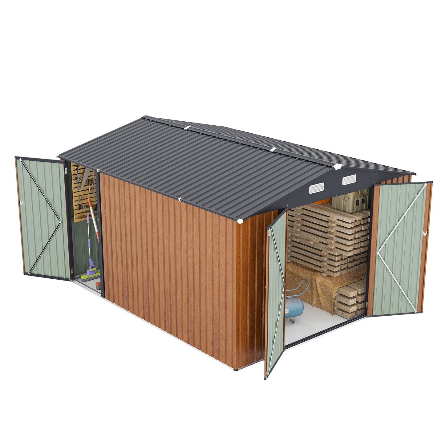 Campcraft Outdoor Storage Shed 9×11 FT with 3 Lockable Doors,Utility Tool Shed Metal Storage Garden Sheds 4 Vents,Metal Sheds with Galvanized Steel Frame,for Backyard,Patio,Lawn,yellow