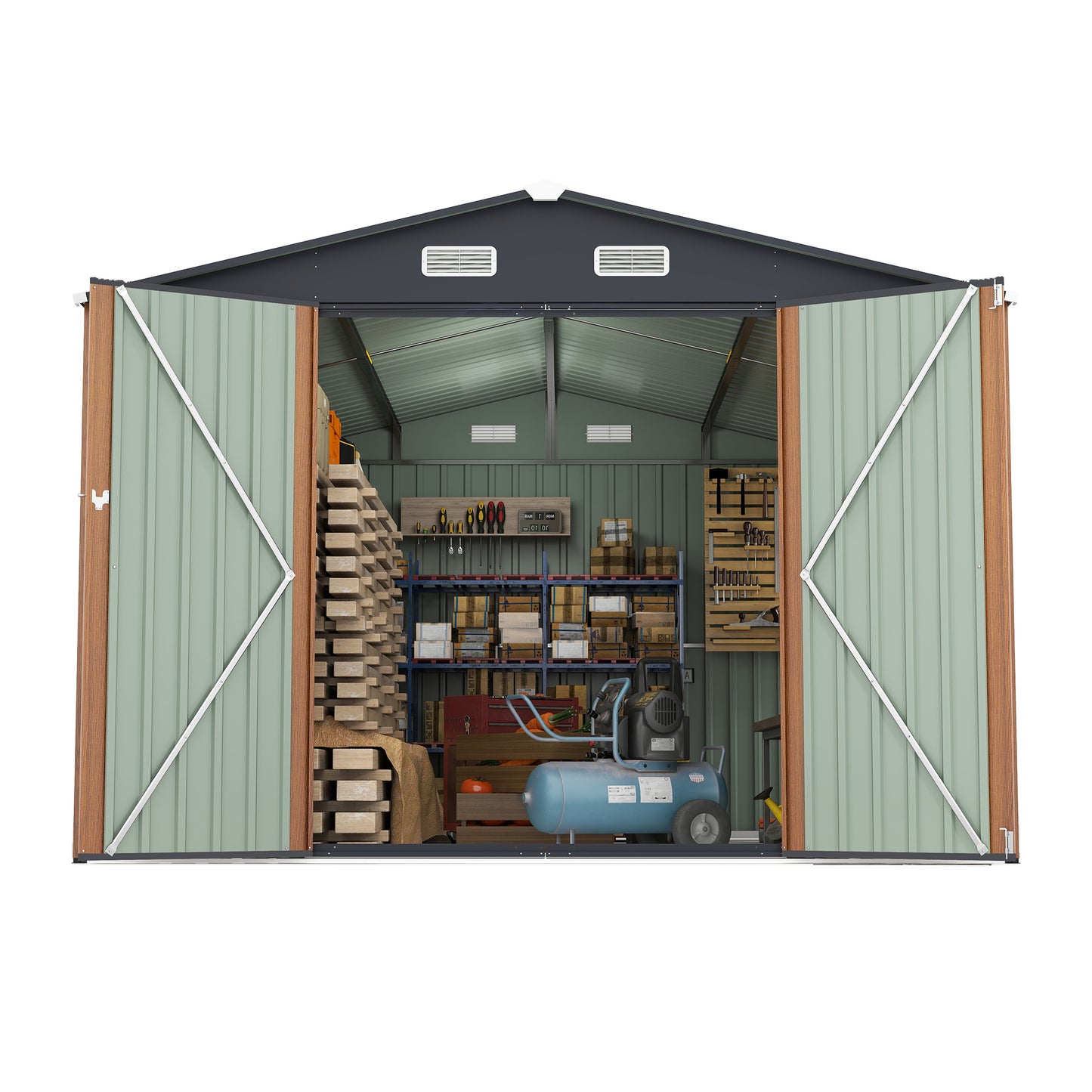 Campcraft Outdoor Storage Shed 9×11 FT with 3 Lockable Doors,Utility Tool Shed Metal Storage Garden Sheds 4 Vents,Metal Sheds with Galvanized Steel Frame,for Backyard,Patio,Lawn,yellow