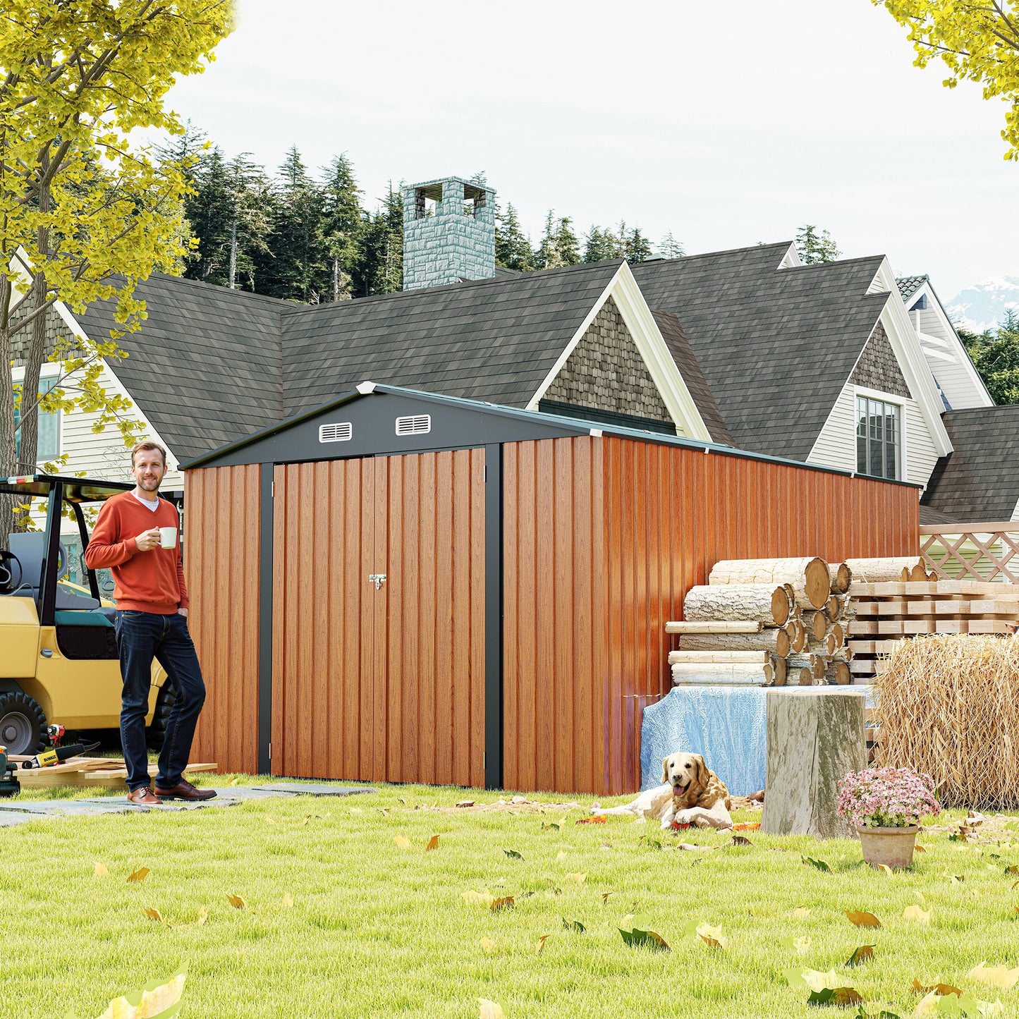Campcraft Outdoor Storage Shed 9×11 FT with 3 Lockable Doors,Utility Tool Shed Metal Storage Garden Sheds 4 Vents,Metal Sheds with Galvanized Steel Frame,for Backyard,Patio,Lawn,yellow